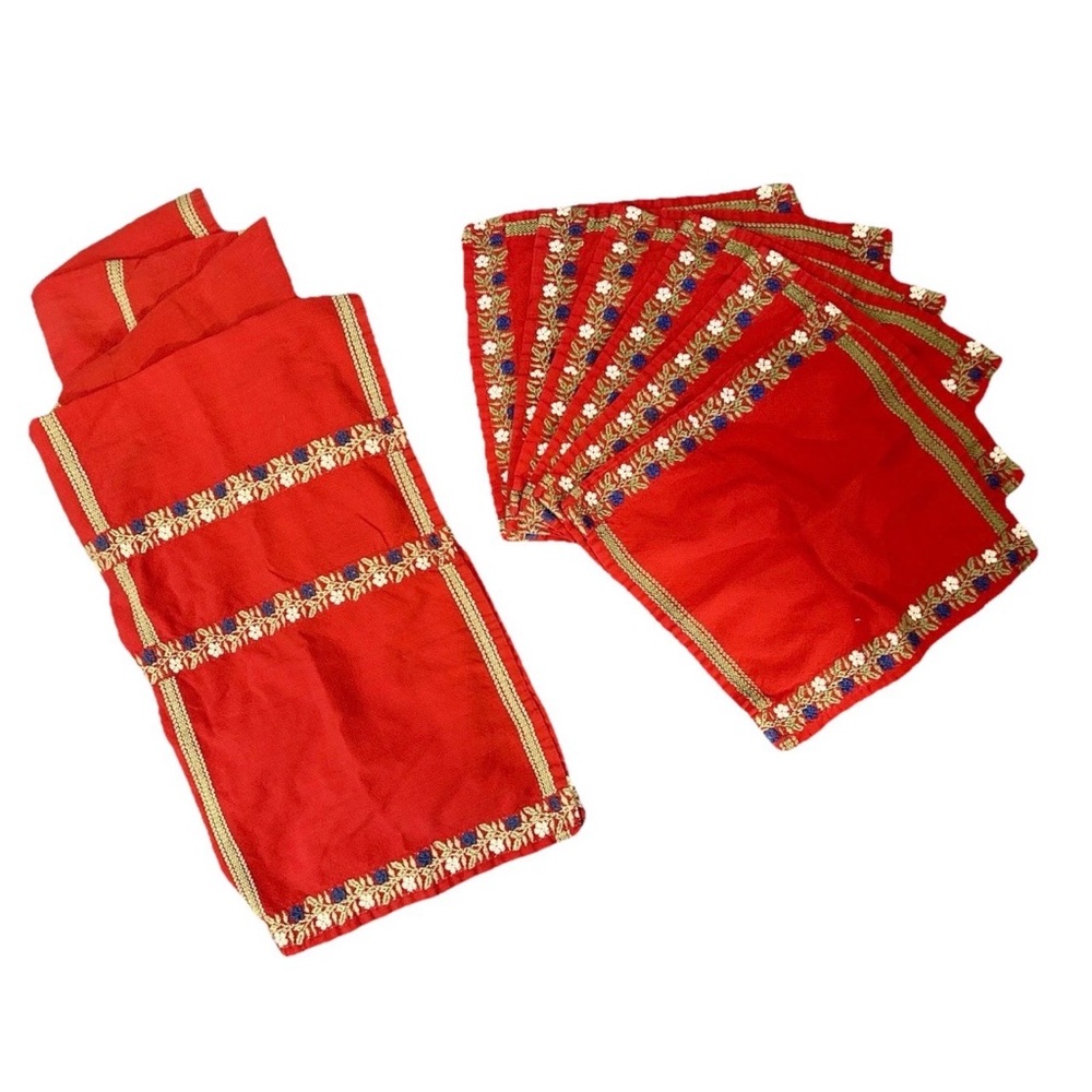 7-Piece Embroidered Napkins + Table Cloth Set Floral Red Reusable Washable